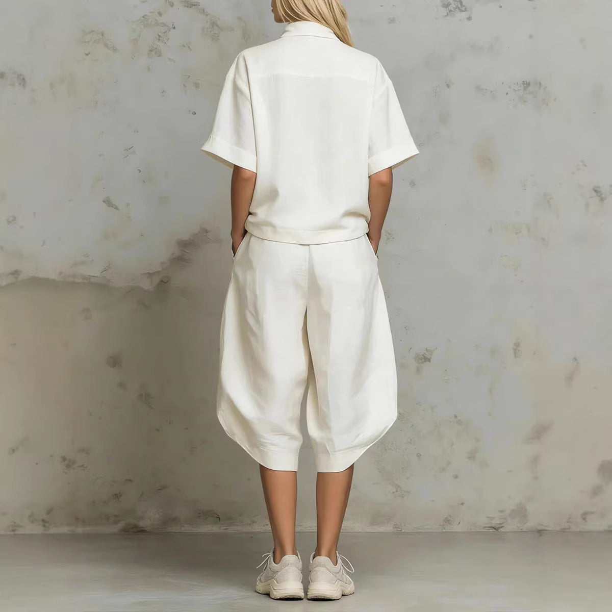 Linen Zip-Neck Top & Harem Culottes Set
