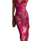 Hot Pink Floral Ruched Halter Midi Dress