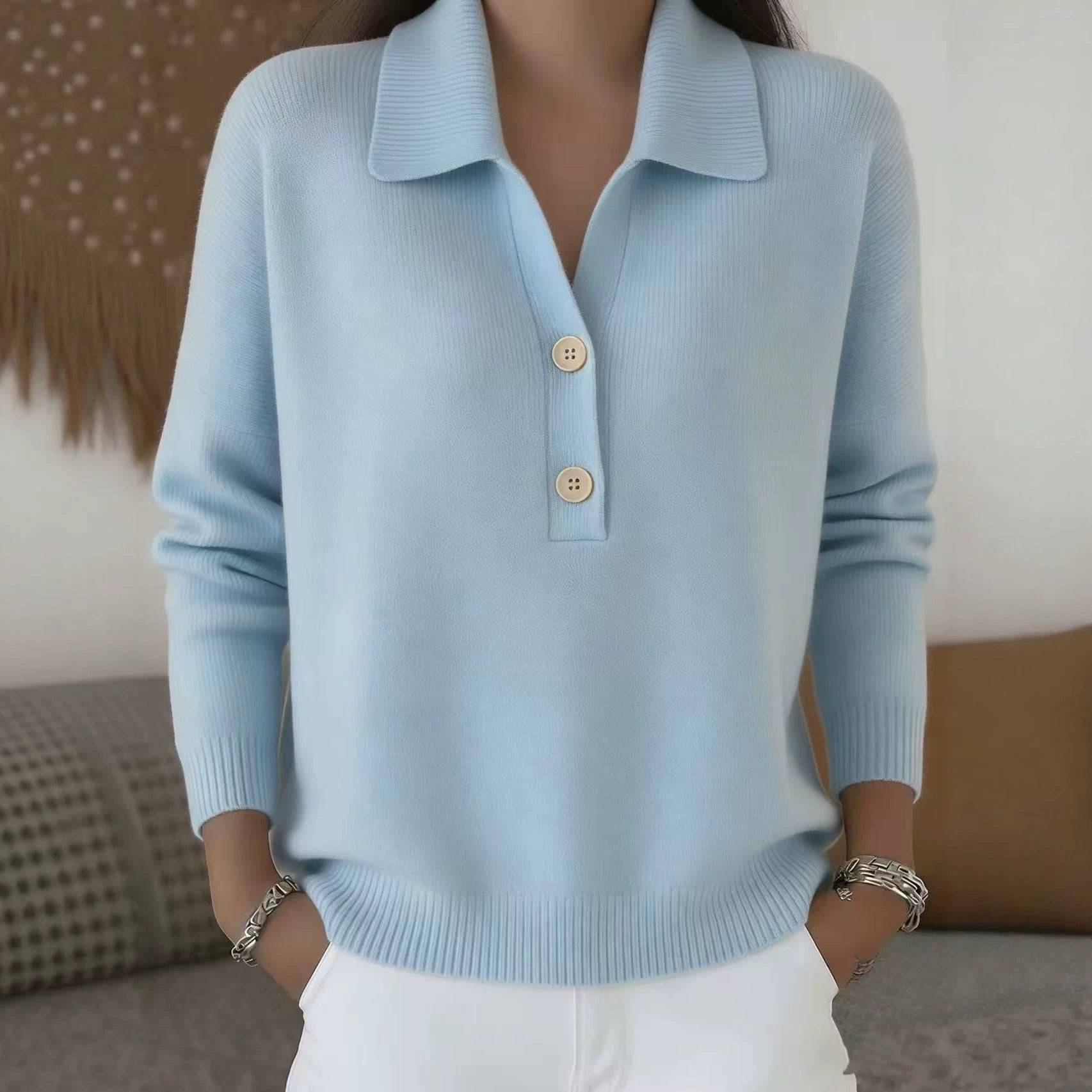 Knitted Lapel Half Placket Button Loose Casual Sweater