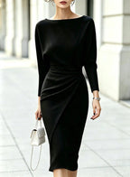 Boat-Neck Dolman Sleeve Midi Dress with Side Drape