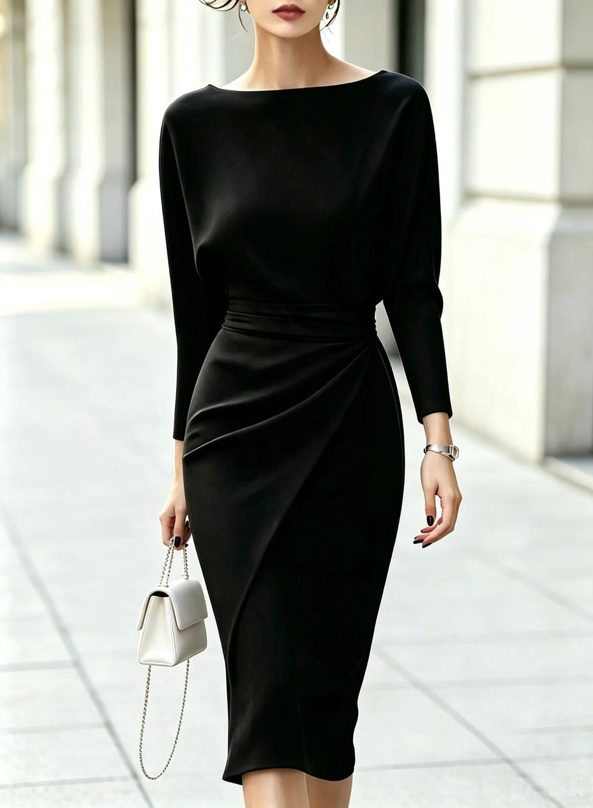 Boat-Neck Dolman Sleeve Midi Dress with Side Drape