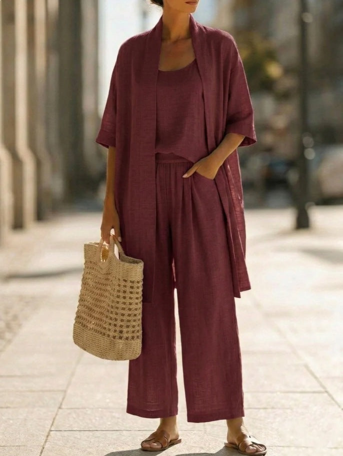 Women Linen-Blend Three-Piece Casual Set
