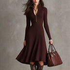Half‑Zip Ribbed Knit Fit‑and‑Flare Midi Sweater Dress