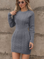 Women Cable-Knit Long Sleeve Crew Neck Mini Dress