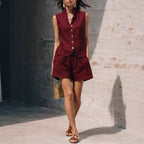 Linen Stand Collar Sleeveless Vest & Elastic Waist Shorts 2 Piece Co-Ord Set