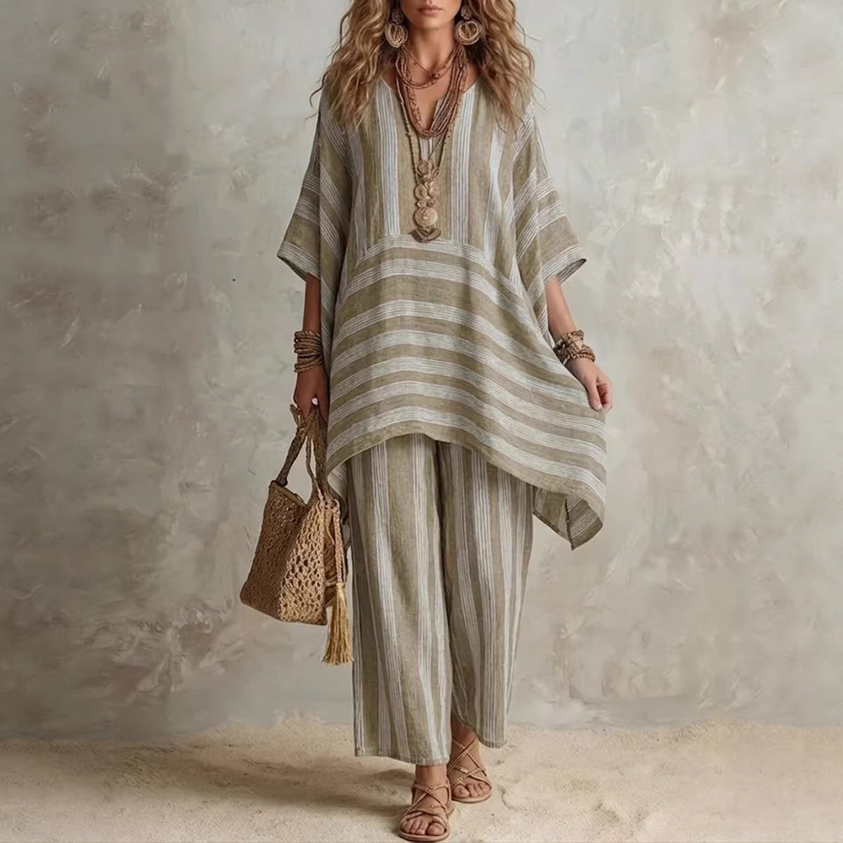 V-Neck Loose Striped Casual Two-Piece Suit