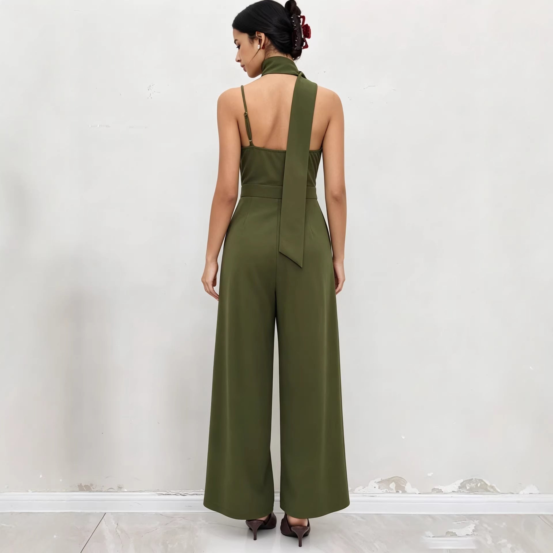 Elegant Olive Green Halter Wide-Leg Jumpsuit
