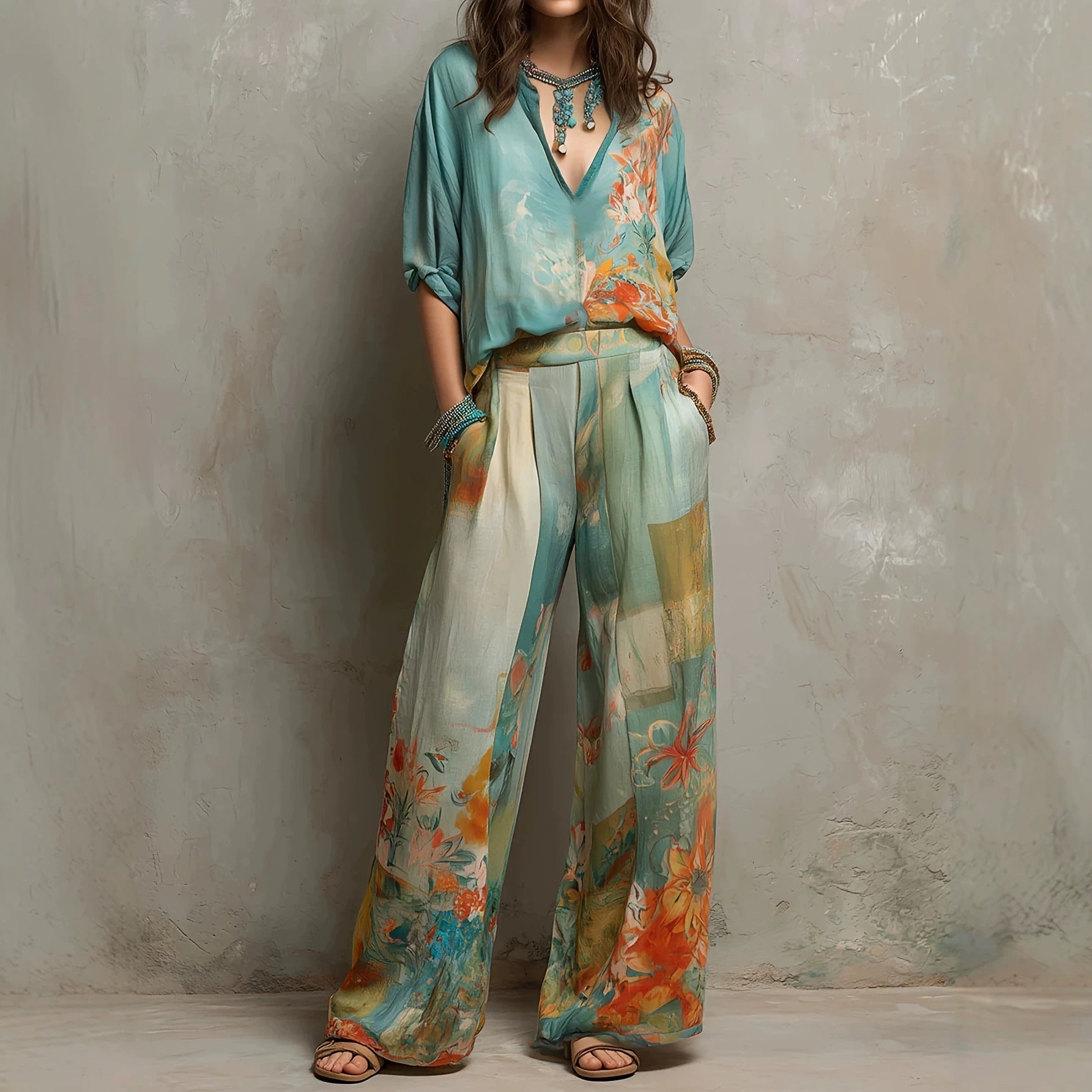 Watercolor Floral Print Two-Piece Linen-Blend Set