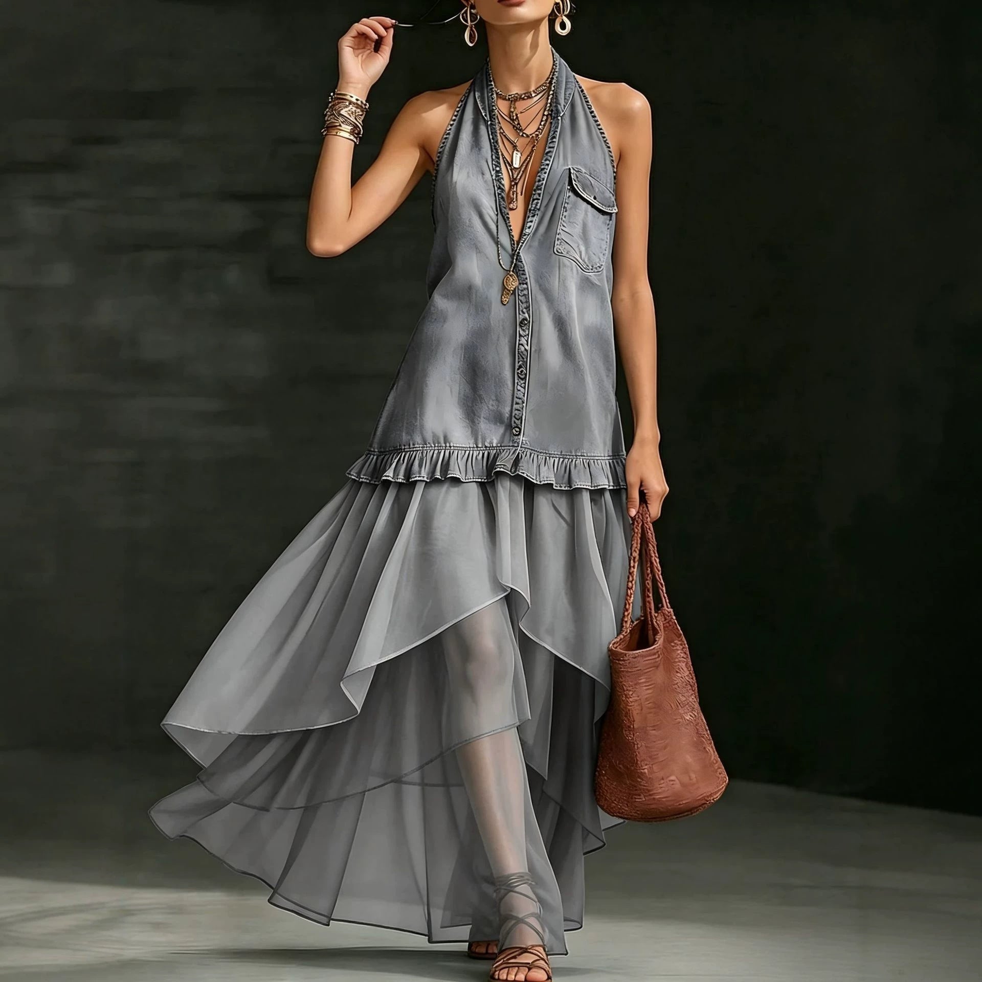 Stylish Elegant Organza-Paneled Denim Maxi Dress