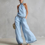 Halterneck Sleeveless Wide-Leg Pants Suit For Women