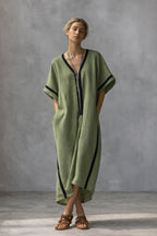 Linen Blend V-Neck Kaftan Dress