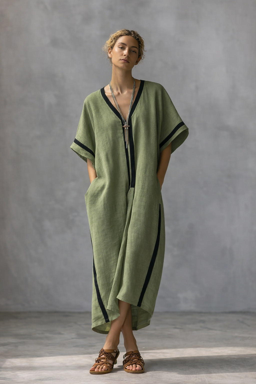 Linen Blend V-Neck Kaftan Dress