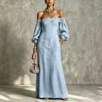 Off‑The‑Shoulder Puff‑Sleeve Linen‑Blend Maxi Dress