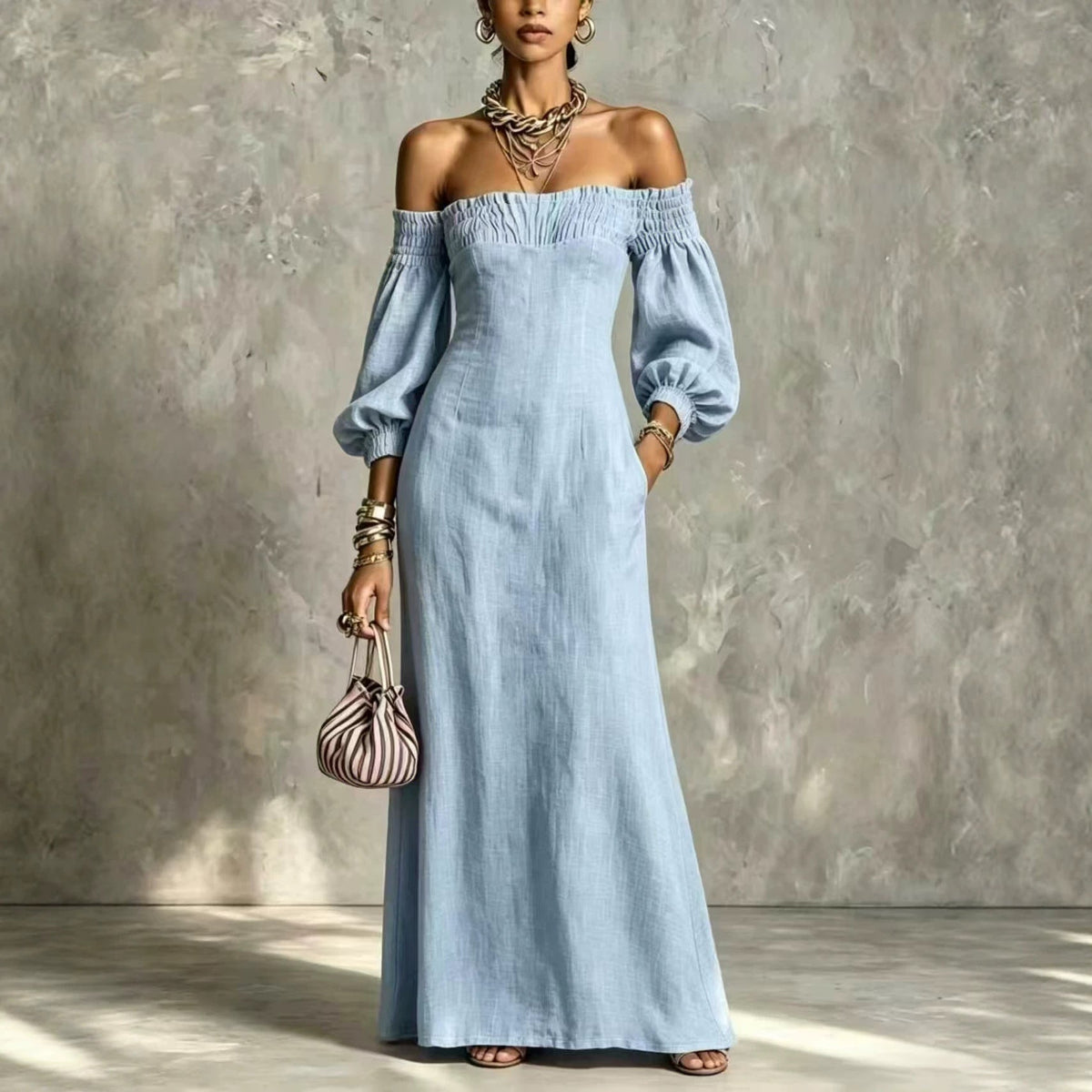 Off‑The‑Shoulder Puff‑Sleeve Linen‑Blend Maxi Dress