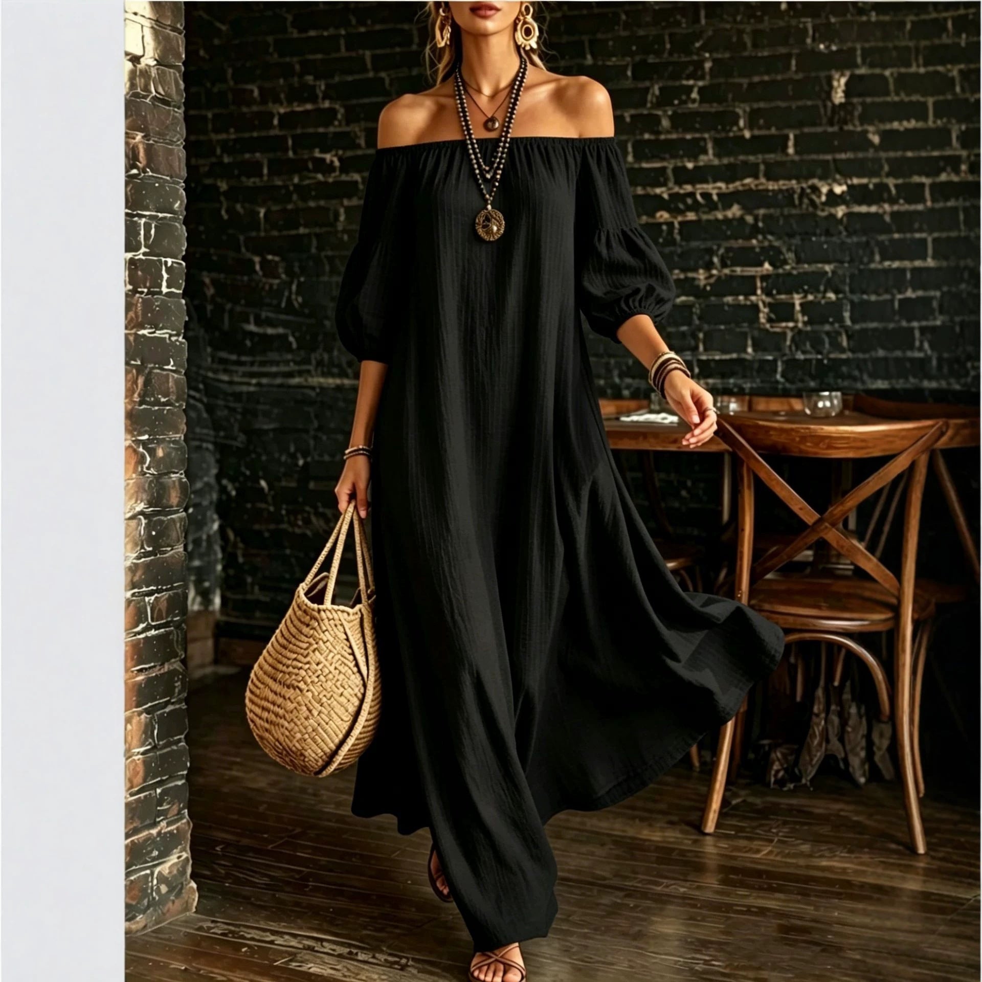 Women White Off‑Shoulder Balloon Sleeve Flowy Maxi Dress