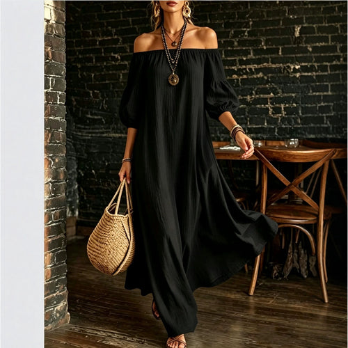 Women White Off‑Shoulder Balloon Sleeve Flowy Maxi Dress