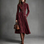 Women's Solid Brown Suede Zip‑Front Belted Long‑Sleeve Midi Dress