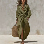 Women'S Solid Color Shirt Collar Single-Breasted Pocket Cardigan Long-Sleeved Casual Dress