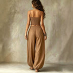 Spaghetti Strap Crop Top Baggy Harem Pants Boho Resort Wear Set