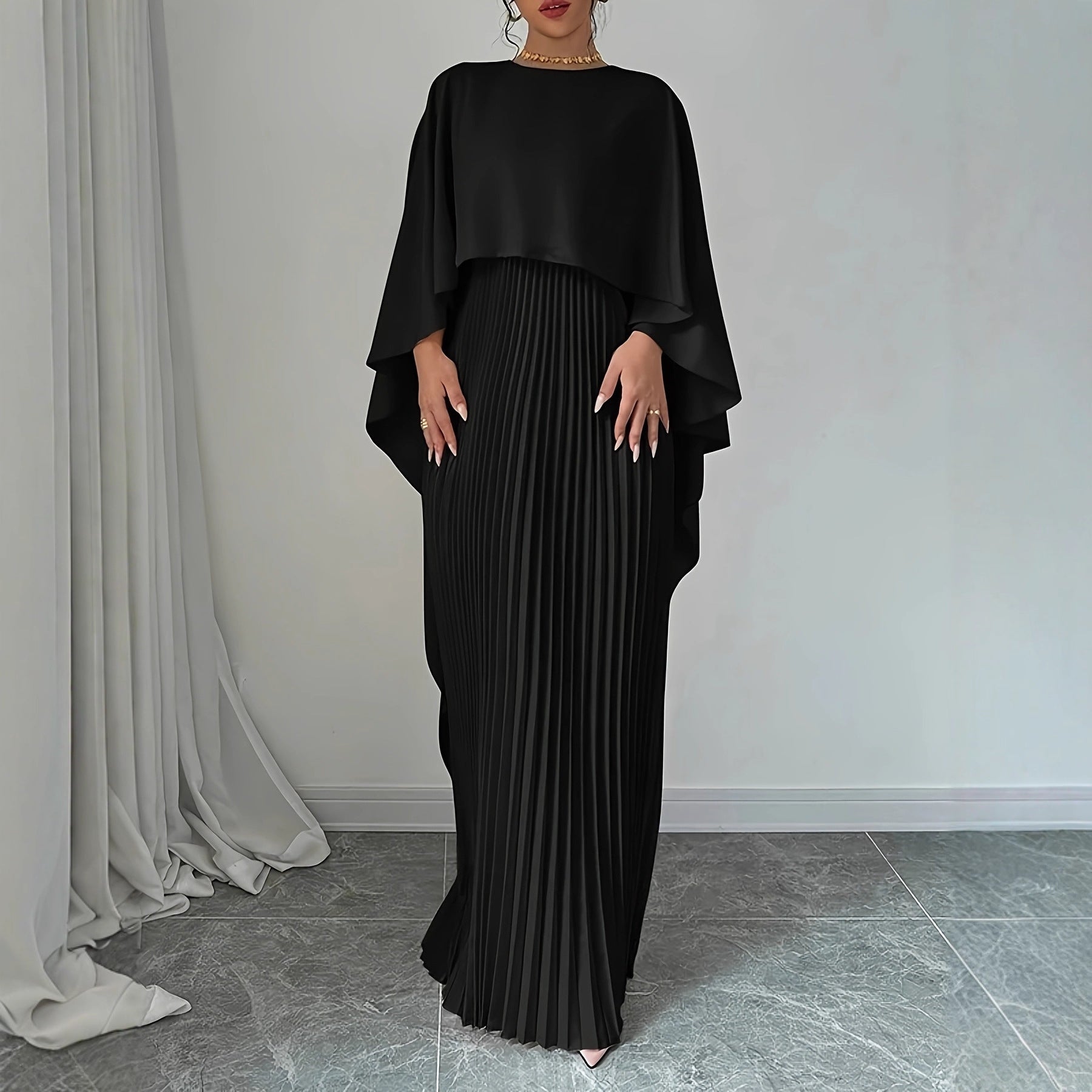 Women'S Cape Overlay Pleated Maxi Dress
