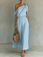 Women's Polka Dot One-Shoulder Maxi Dress