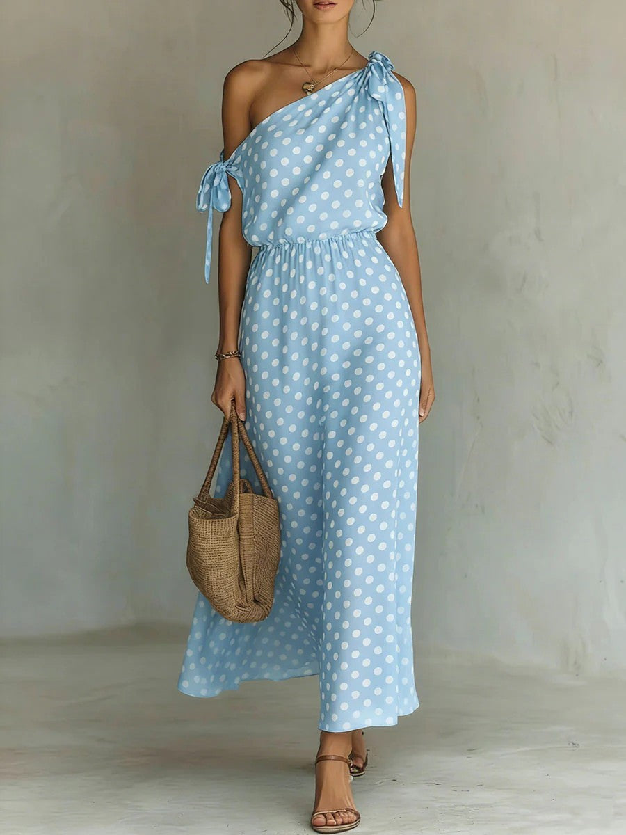 Women's Polka Dot One-Shoulder Maxi Dress