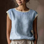 Women'S Retro Loose Solid Color Round Neck Lace Splicing Sleeveless Linen Shirt