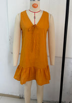 Mustard Tie Front Spaghetti Strap Linen Mini Dress