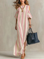 Vertical Stripe Cold Shoulder Split Maxi Shift Dress