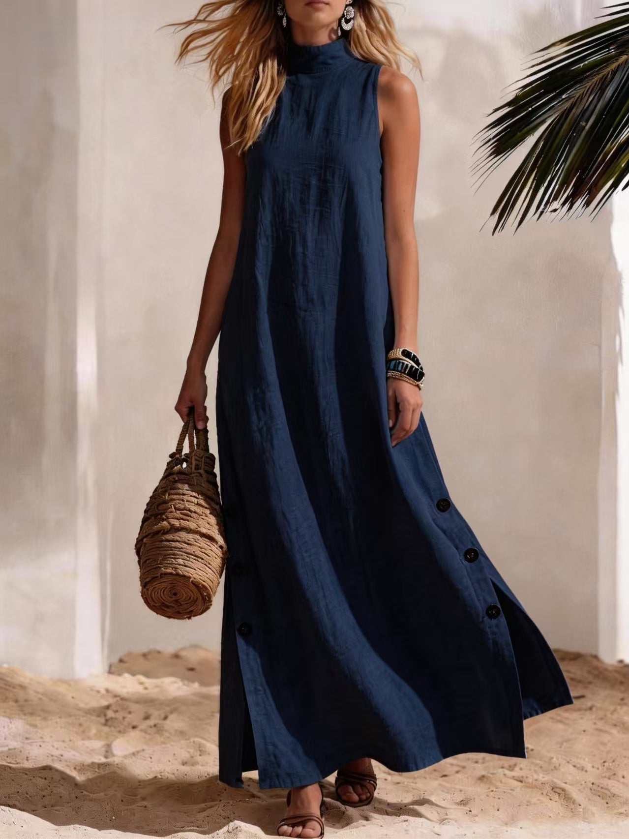 Casual Solid Color Cotton And Linen Sleeveless Side Slit Maxi Dress