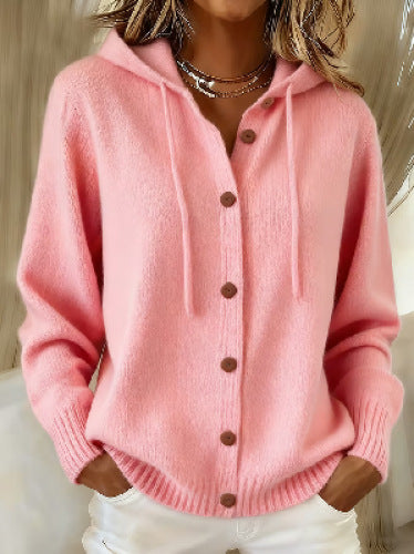 Button Front Hooded Knit Cardigan With Pockets