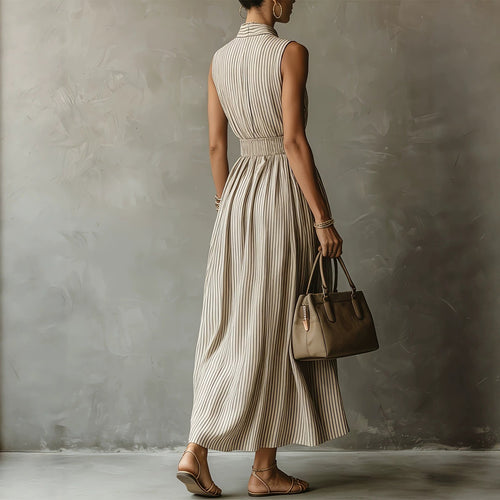 Classic Striped High Neck Sleeveless Midi Dress