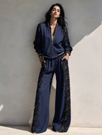 Bomber Jacket & Wide‑Leg Pants Two‑Piece Set with Black Lace Trim