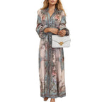 Vintage Floral Print Ruffled V‑Neck Button‑Front Maxi Dress
