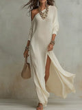 Elegant Long-Sleeved Knitted Pleated Slit Women'S Dress