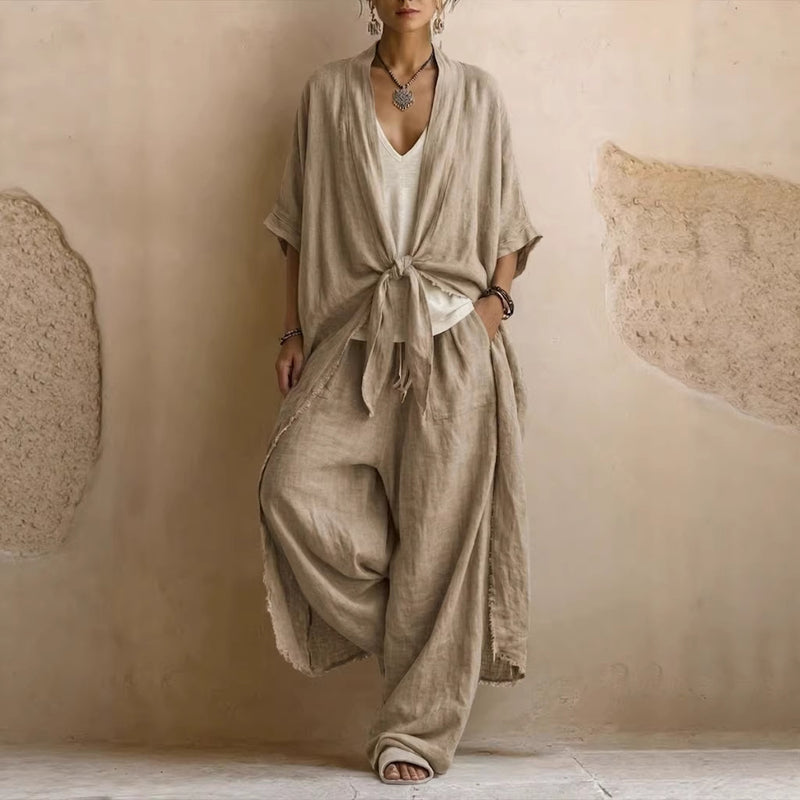 Oversized Linen Kimono & Wide Leg Pants Two-Piece Set