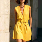 Contrast Piping V-Neck Self Tie Belt Sleeveless Mini Dress