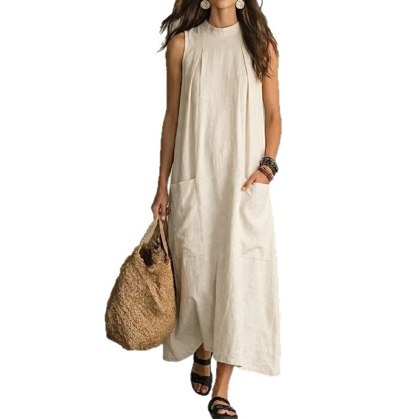 Loose Pocket Sleeveless Linen Blend Maxi Dress