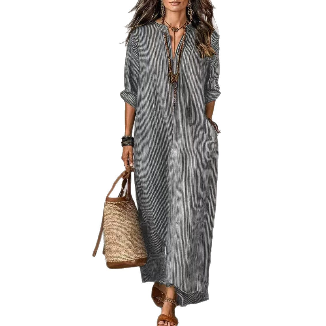 Textured Crinkled V Neck Half Sleeve Loose Maxi Dress