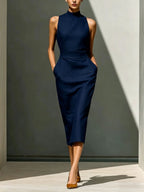 Women'S Elegant Sleeveless Slim Fit Hip-Covering Mid-Length Dress