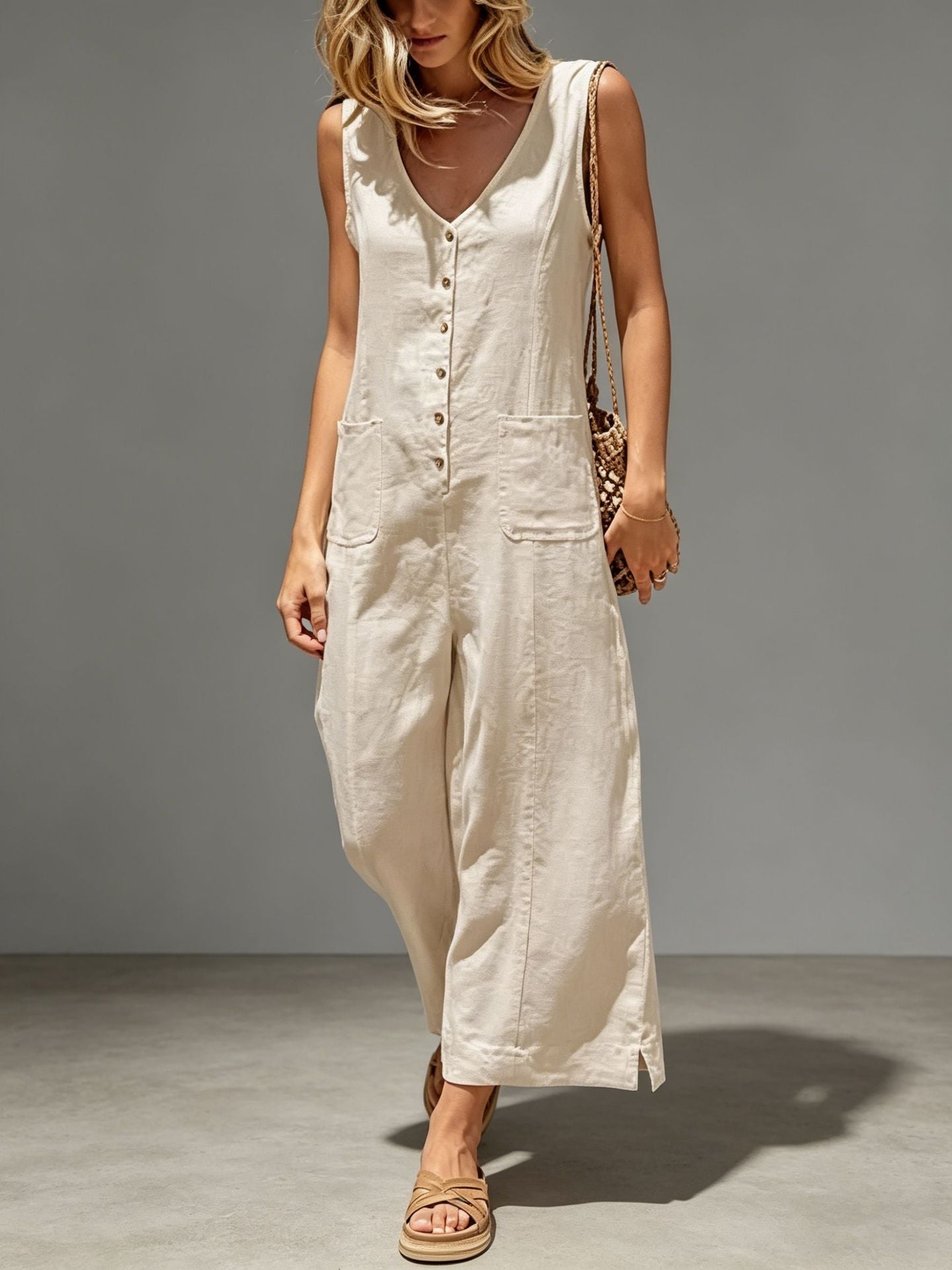 Buttoned Cotton And Linen Sleeveless Casual Wide-Leg Loose Jumpsuit With Pockets