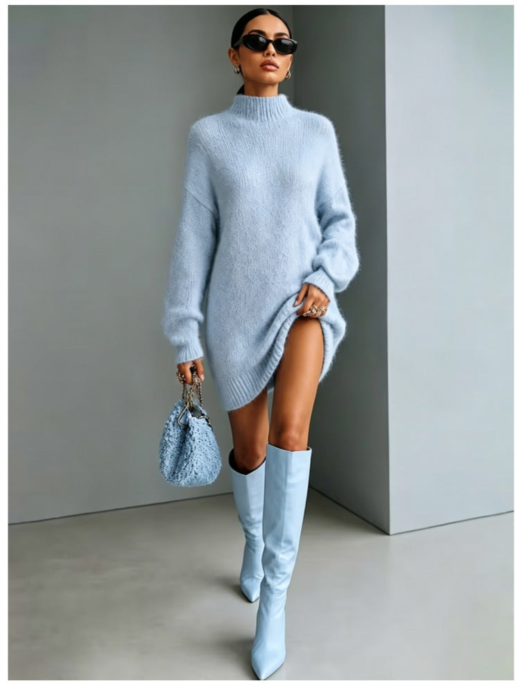 Mock Neck Long Sleeve Oversized Knit Sweater Dress