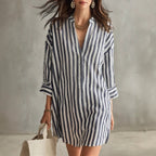 V-Neck Vertical Stripe Roll Sleeve Mini Shirt Dress