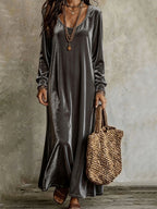 Women's Velvet U‑Neck Long Sleeve Maxi Dress