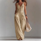 Solid Color Button Pocket Loose Casual Suspender Jumpsuit For Women