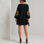 Black Linen Shift Mini Dress with Gold Leaf Embroidery Balloon Long Sleeves