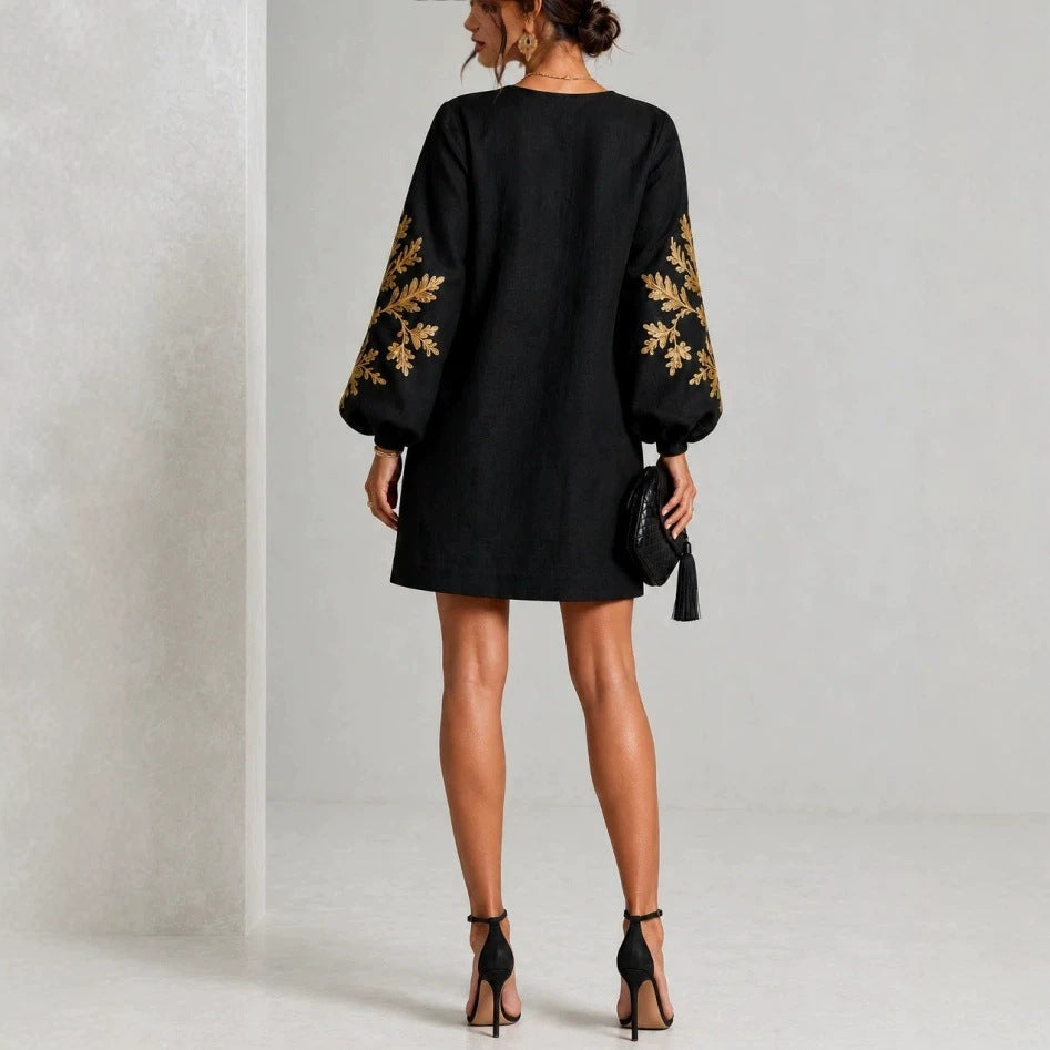 Black Linen Shift Mini Dress with Gold Leaf Embroidery Balloon Long Sleeves