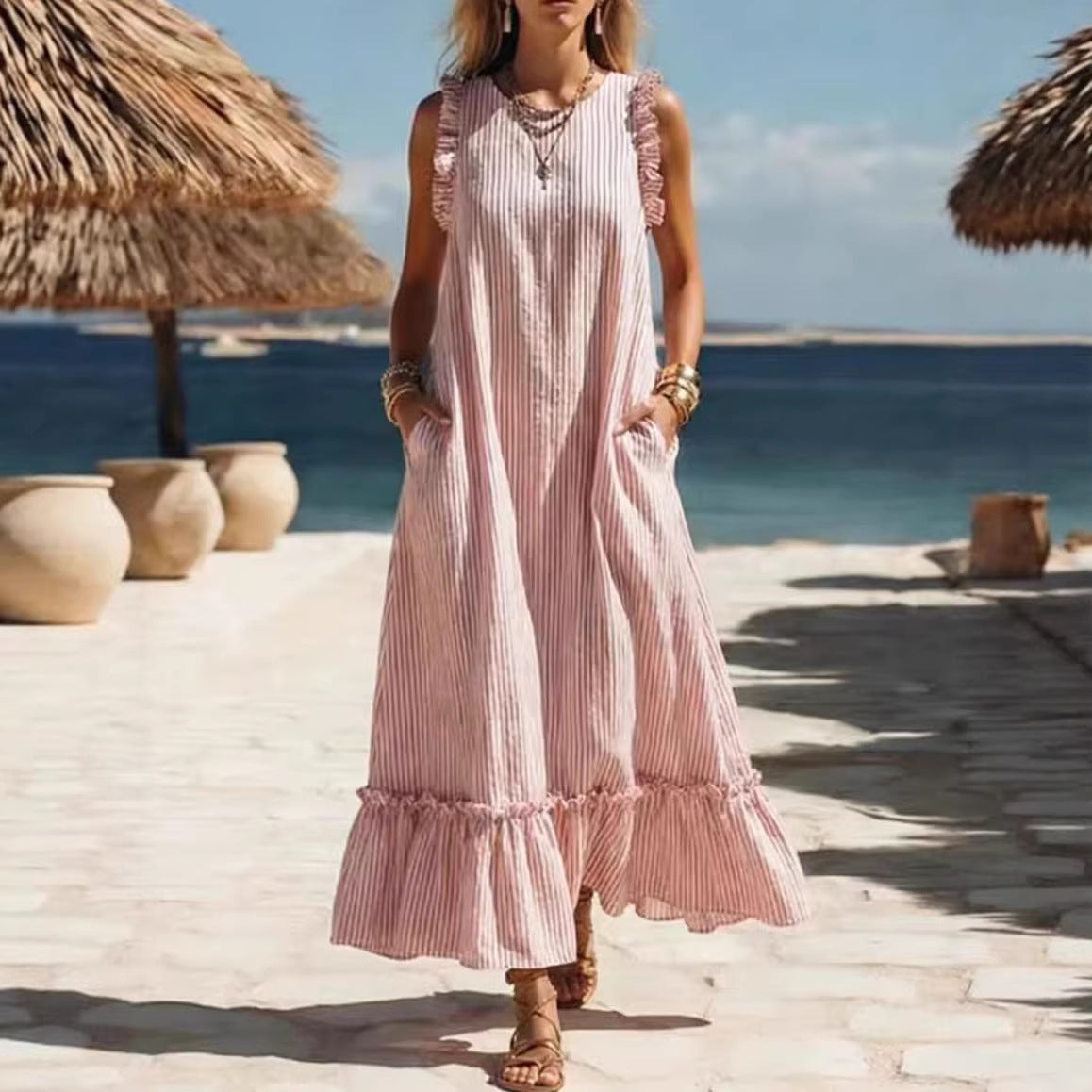 🌊 Coastal Striped Ruffle Maxi Dress