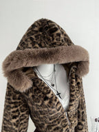 Women Leopard Print Faux Fur Cropped Hooded Jacket With Fluffy Fur Trim