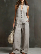 Linen Blend Sleeveless Vest & Wide-Leg Pants Set